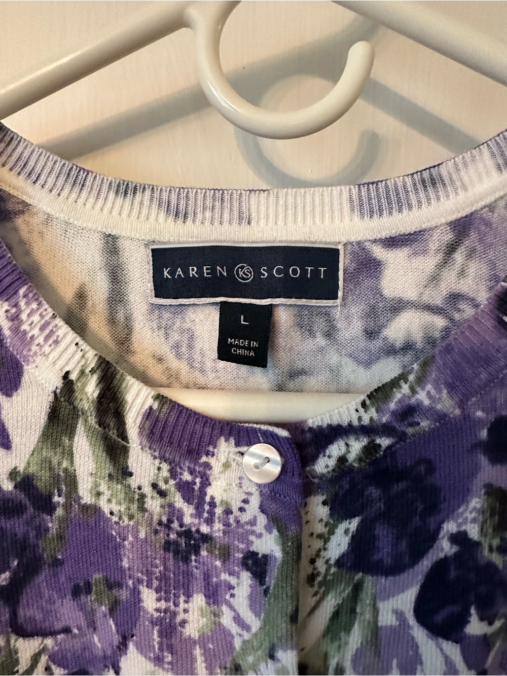Karen Scott (Macy’s) cardigan, size lg, purple floral print on white background - Picture 2 of 3